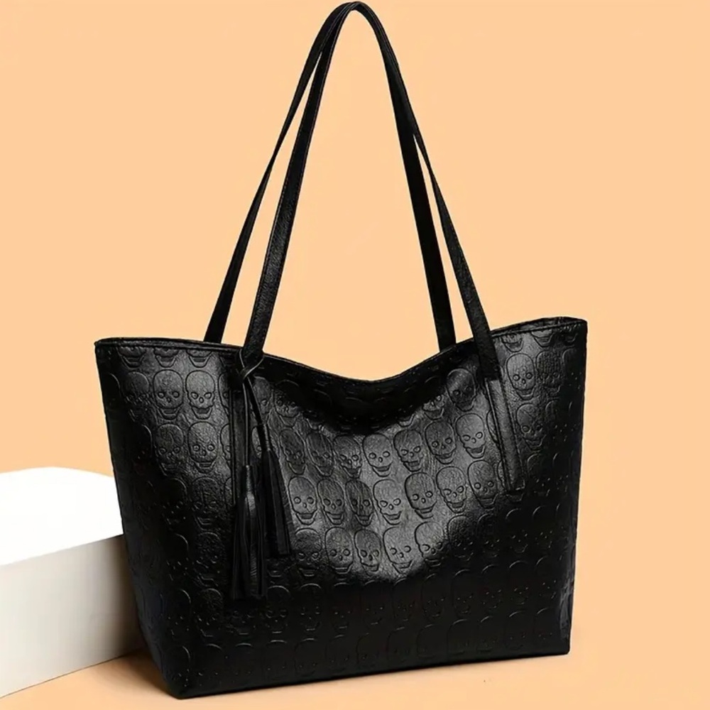 Black Embossed Skull Tote Bag - Stylish Women's Shoulder Bag